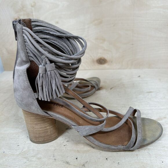 JEFFREY CAMPBEL Despina Gray Suede Fringe Tassel Ankle Strap Chunky Heels Size 9 - Picture 4 of 7